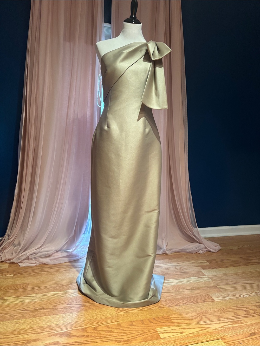 Sachin + Babi One-Shoulder Satin Gown with Shoulder Bow - Gold